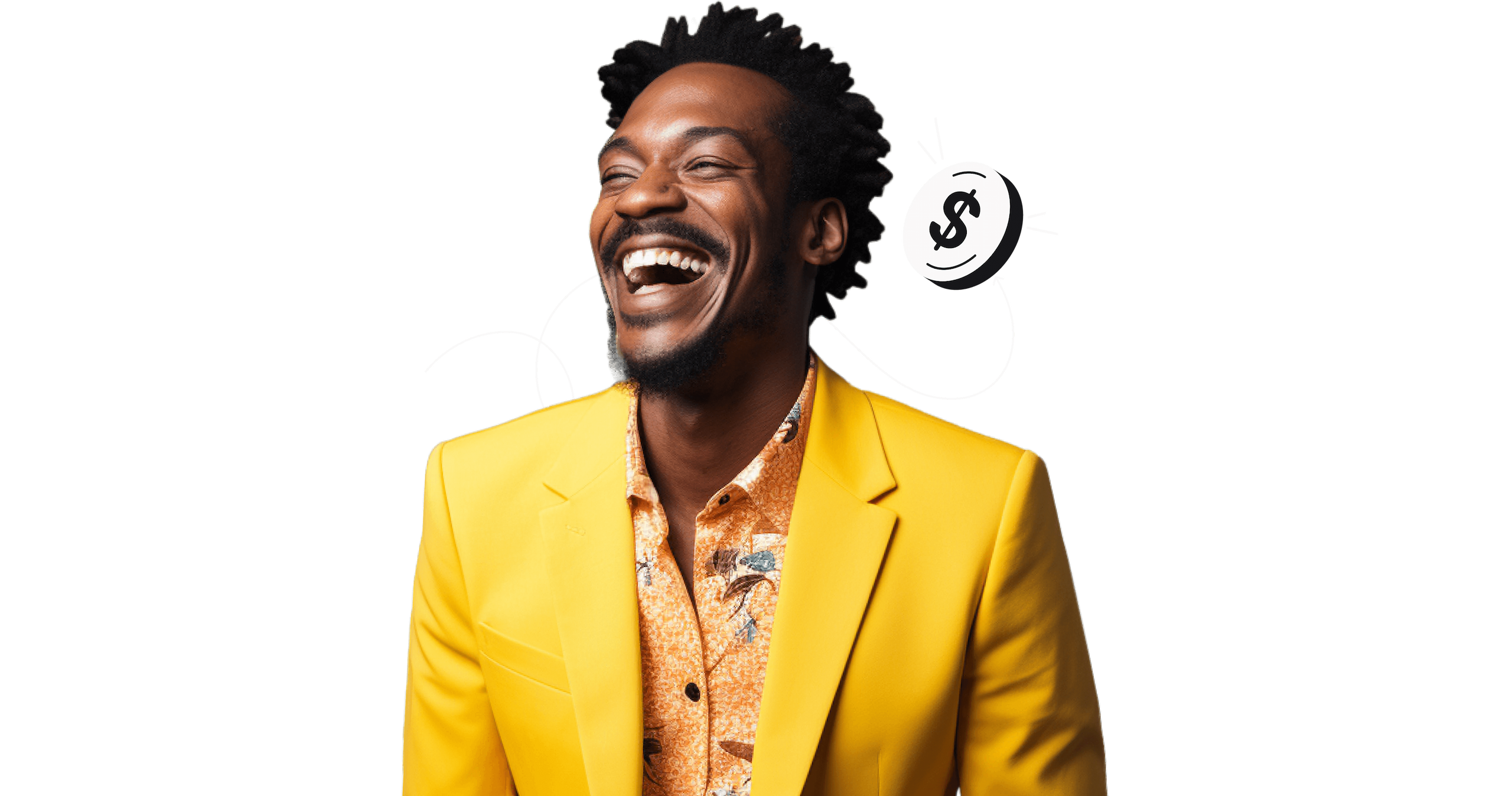 A laughing man in a yellow jacket.
